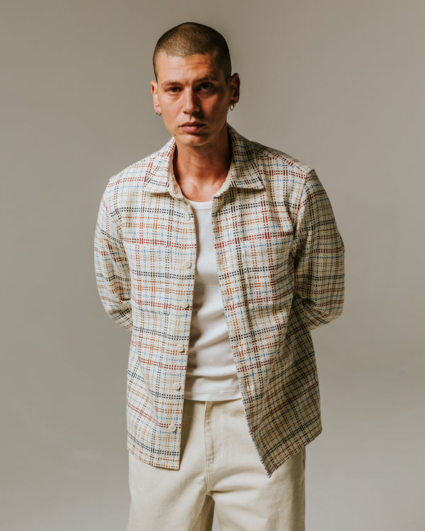 wax london men's Whiting - Ecru And Multicolour Yard Check Overshirt