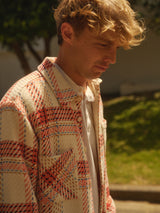 wax london men's Whiting - Ecru And Red Plaid Weave Overshirt