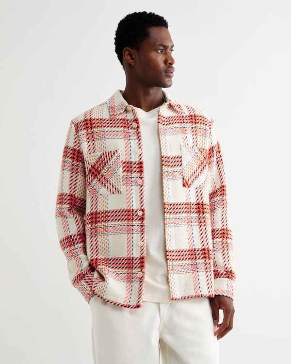 wax london men's Whiting - Ecru And Red Plaid Weave Overshirt