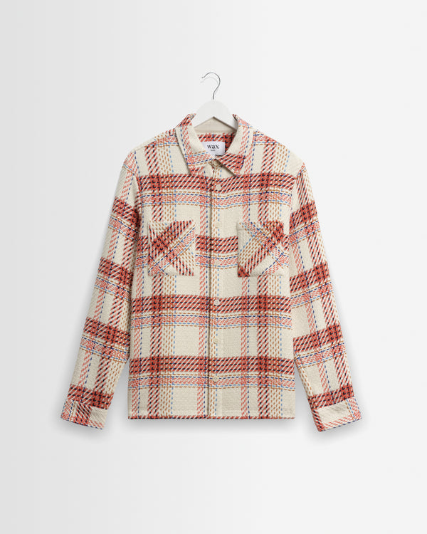 wax london men's Whiting - Ecru And Red Plaid Weave Overshirt