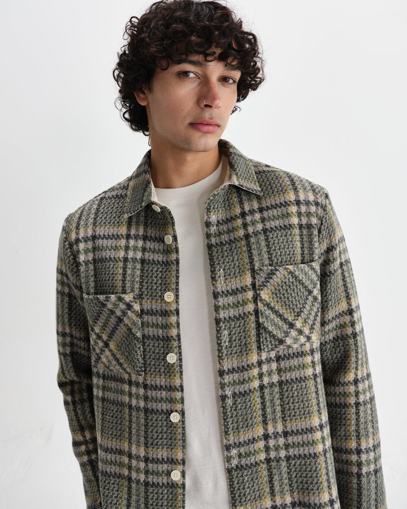wax london men's Whiting - Green Wool Blend Check Overshirt