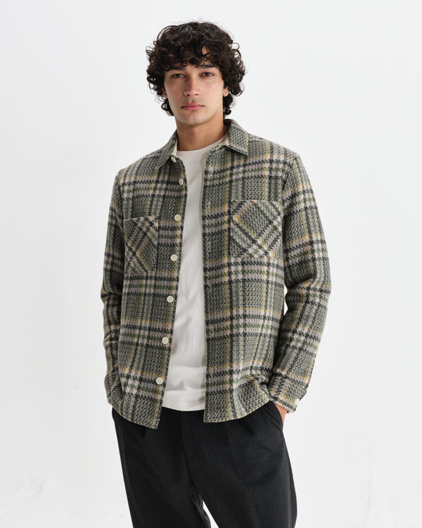 wax london men's Whiting - Green Wool Blend Check Overshirt
