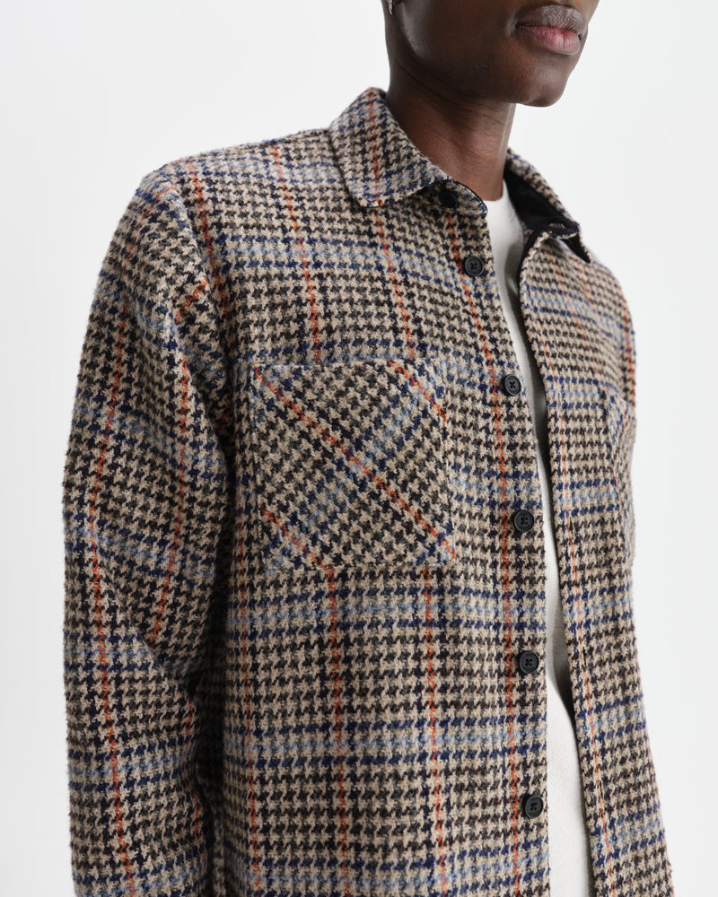wax london men's Whiting - Grey Houndstooth Wool Mix Overshirt