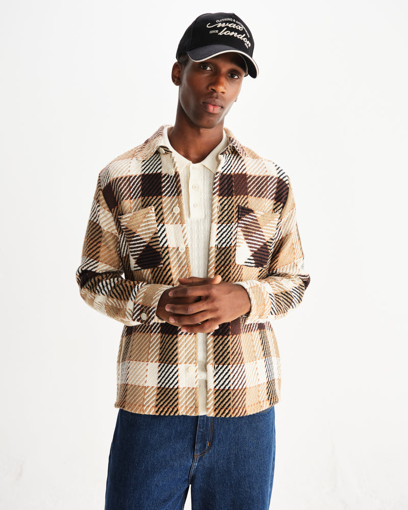 wax london men's Whiting - Natural And Brown Pike Check Overshirt