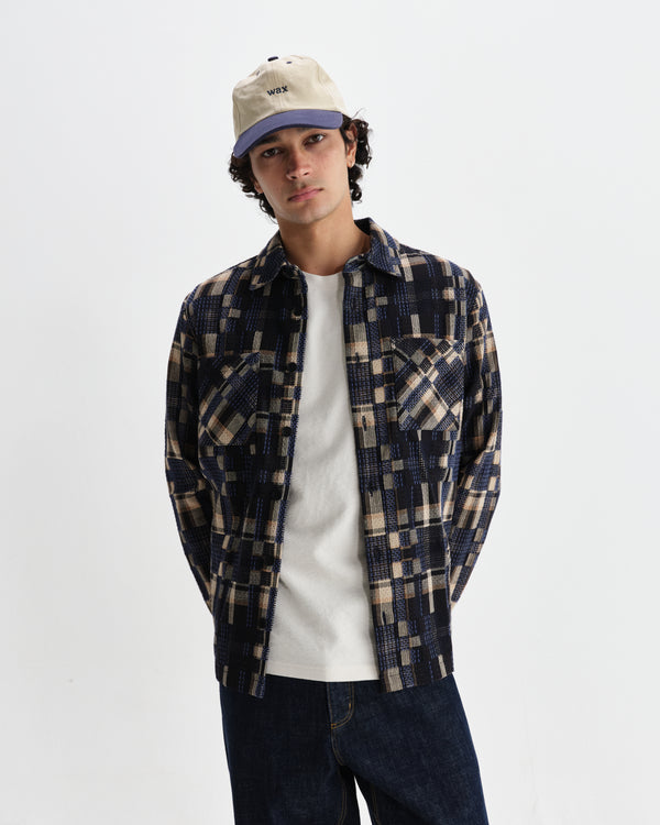 wax london men's Whiting - Natural And Navy Glitch Check Overshirt