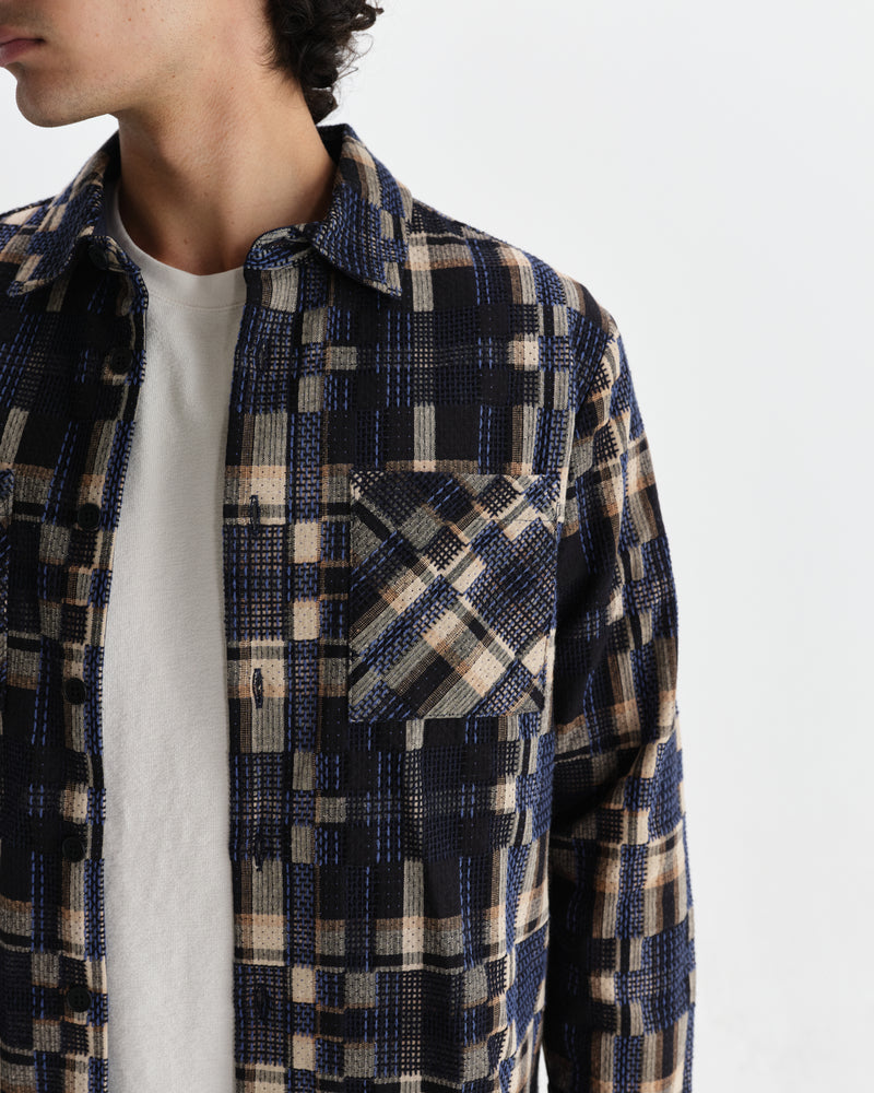 wax london men's Whiting - Natural And Navy Glitch Check Overshirt