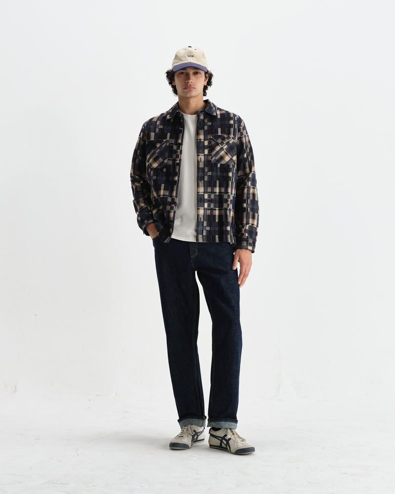 wax london men's Whiting - Natural And Navy Glitch Check Overshirt