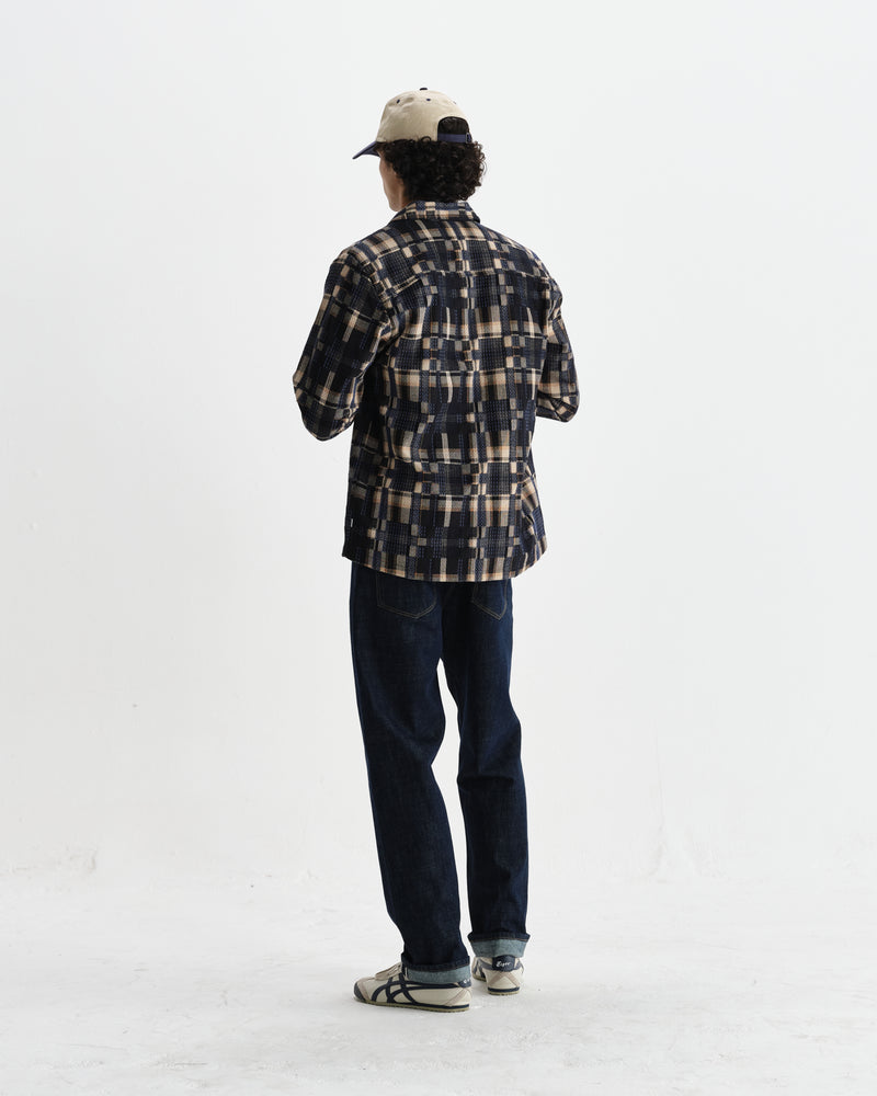 wax london men's Whiting - Natural And Navy Glitch Check Overshirt
