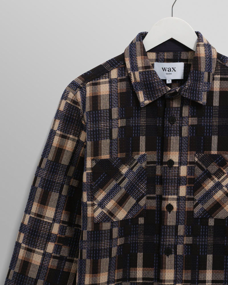 wax london men's Whiting - Natural And Navy Glitch Check Overshirt