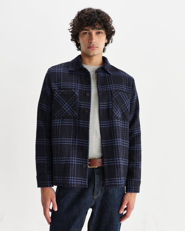 wax london men's Whiting - Navy And Blue Skate Check Overshirt