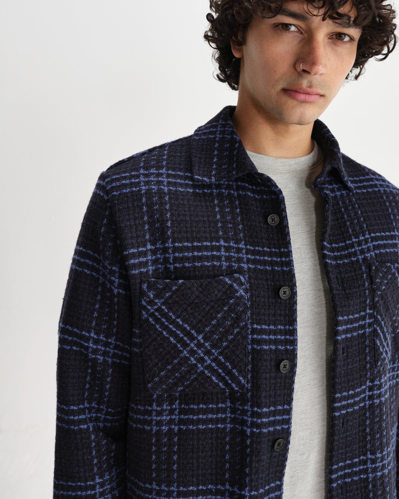 wax london men's Whiting - Navy And Blue Skate Check Overshirt