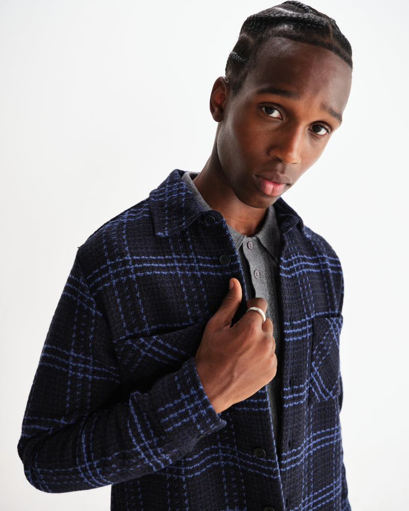 wax london men's Whiting - Navy And Blue Skate Check Overshirt