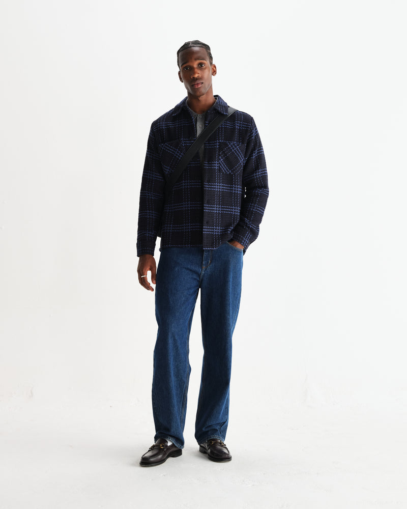 wax london men's Whiting - Navy And Blue Skate Check Overshirt