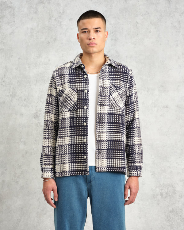 wax london Whiting - Navy And Ecru Addle Check Overshirt