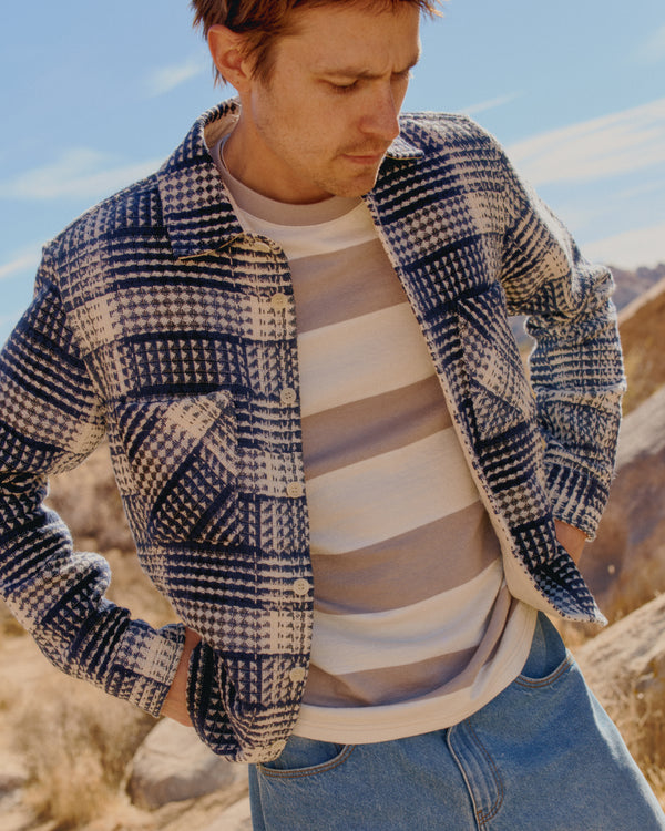 wax london men's Whiting - Navy And Ecru Addle Check Overshirt