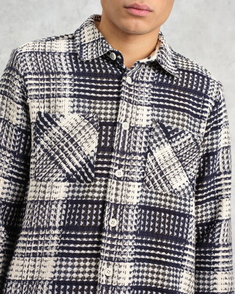 wax london Whiting - Navy And Ecru Addle Check Overshirt