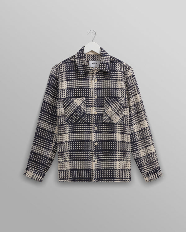 wax london men's Whiting - Navy And Ecru Addle Check Overshirt