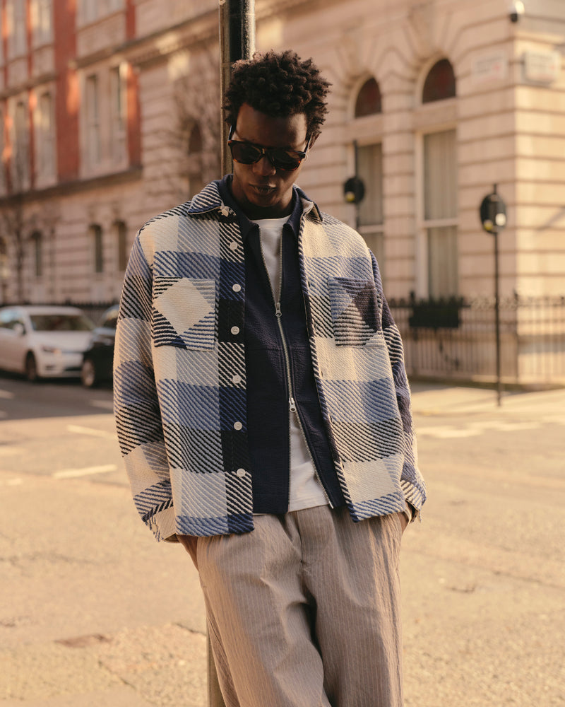 Men's Navy And Ecru Block Check Overshirt & Wax London