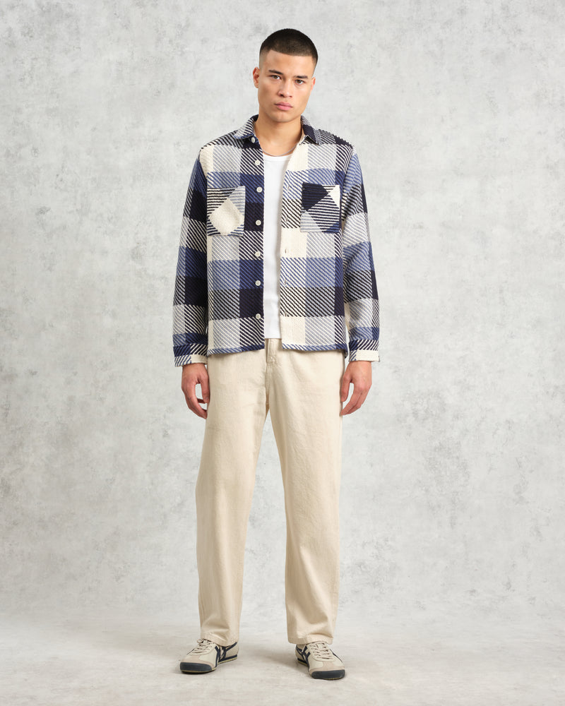 wax london Whiting - Navy And Ecru Block Check Overshirt