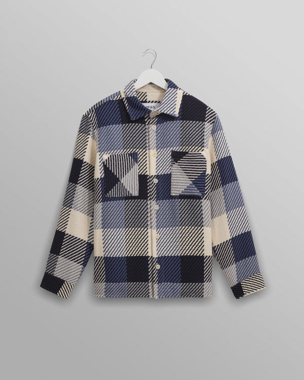 wax london men's Whiting - Navy And Ecru Block Check Overshirt