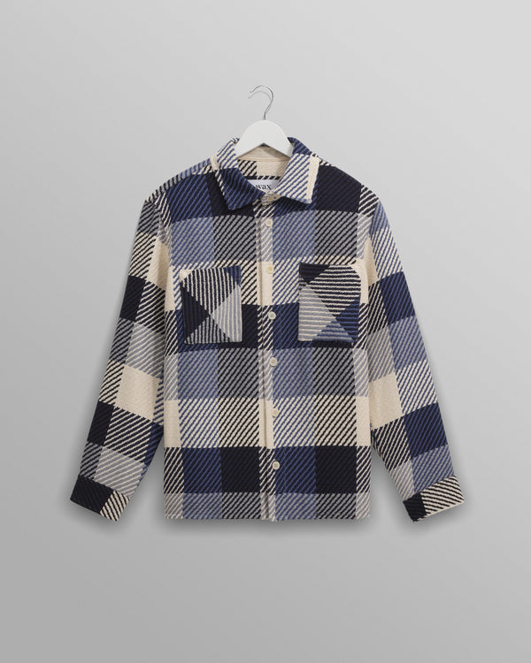 wax london Whiting - Navy And Ecru Block Check Overshirt