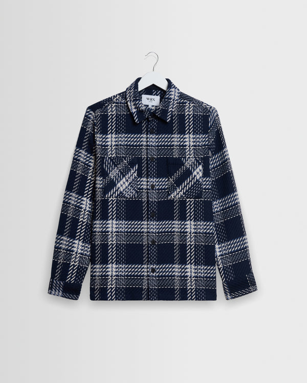 wax london men's Whiting - Navy And Ecru Plaid Weave Check Overshirt