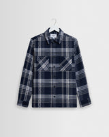 wax london men's Whiting - Navy And Ecru Plaid Weave Check Overshirt