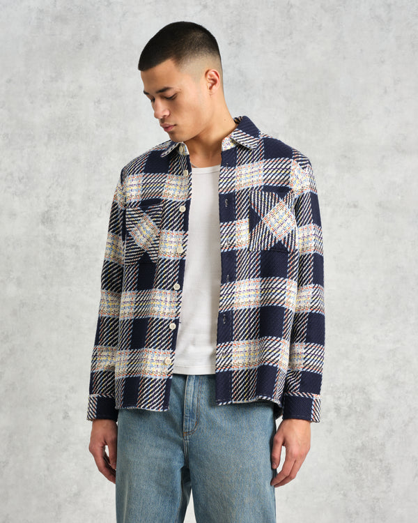 wax london men's Whiting - Navy And Multicolour Hutton Check Overshirt