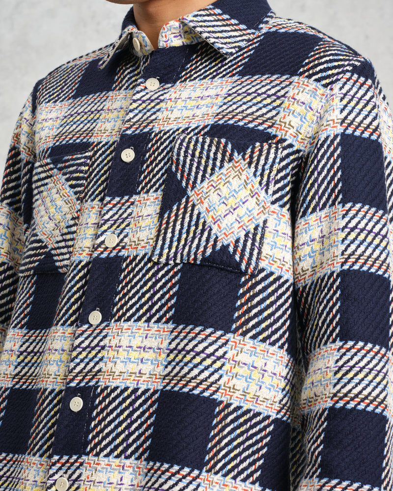 wax london Whiting - Navy And Multicolour Hutton Check Overshirt