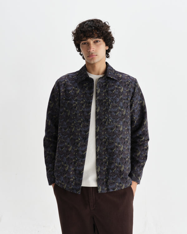 wax london men's Whiting - Navy Camo Jacquard Overshirt