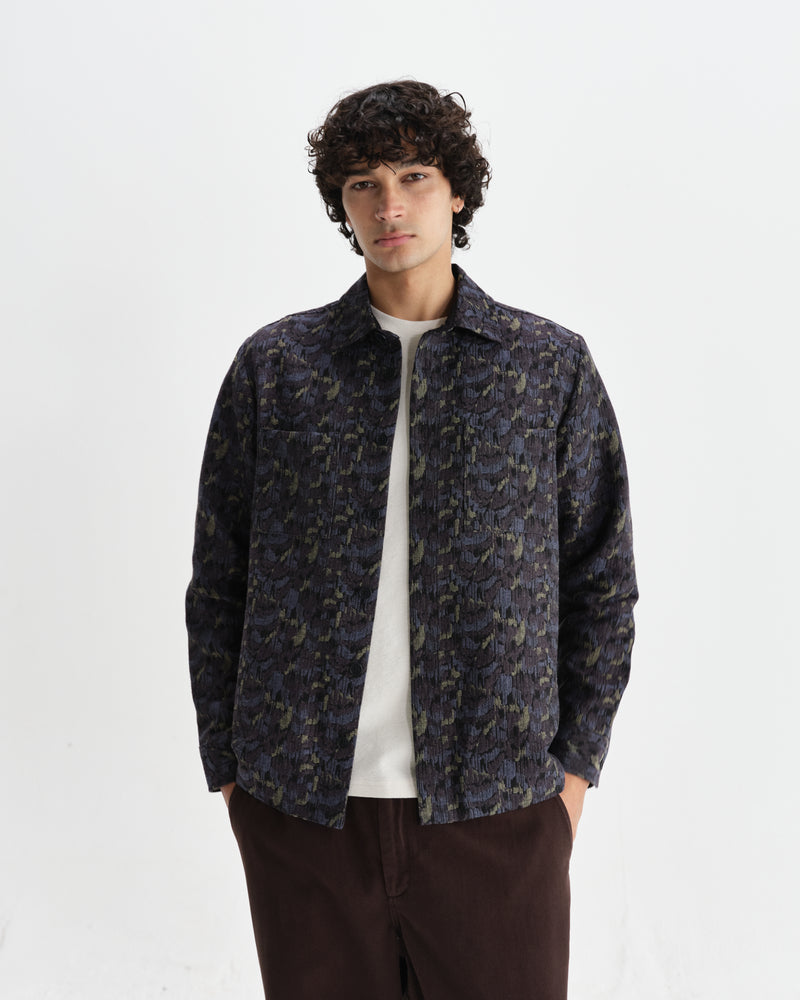 wax london men's Whiting - Navy Camo Jacquard Overshirt