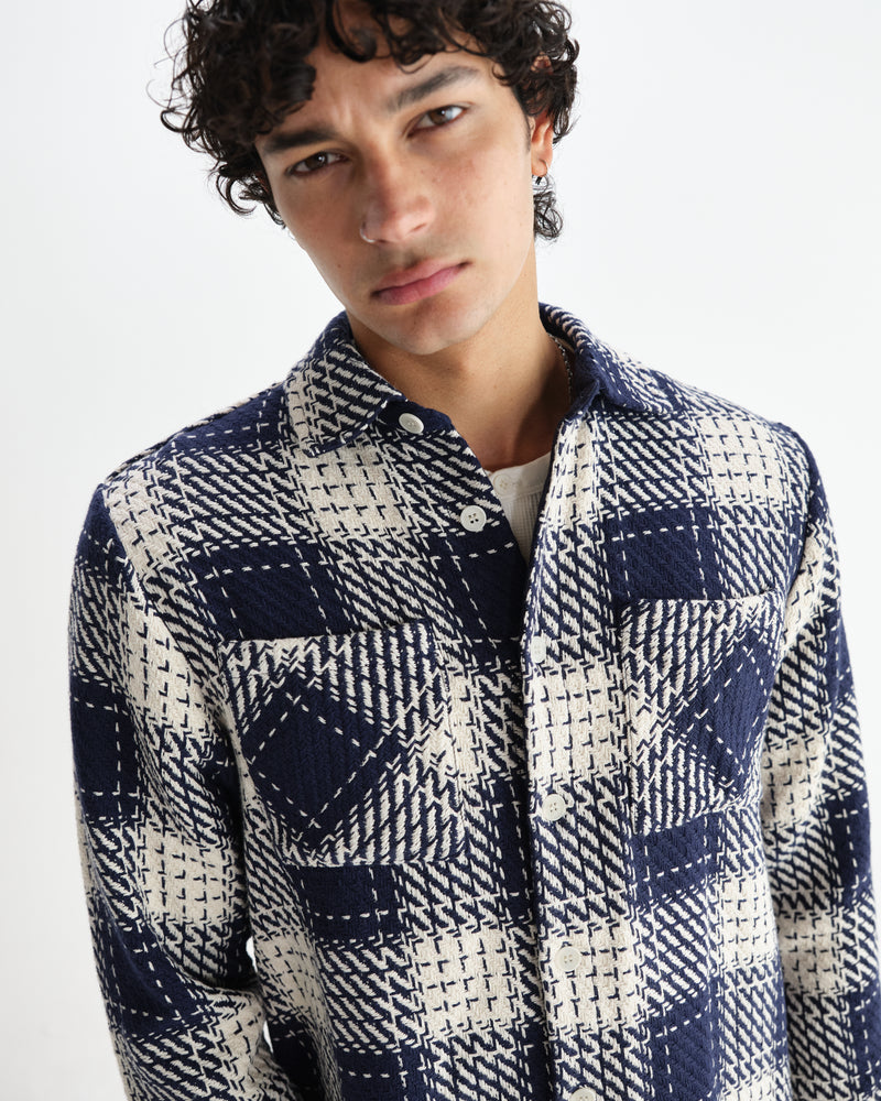 ワックスロンドン Whiting BEATNIK オーバーシャツ Men's Navy Marine Beatnik Overshirt | Wax London