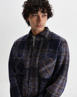 wax london men's Whiting - Navy Wool Blend Check Overshirt