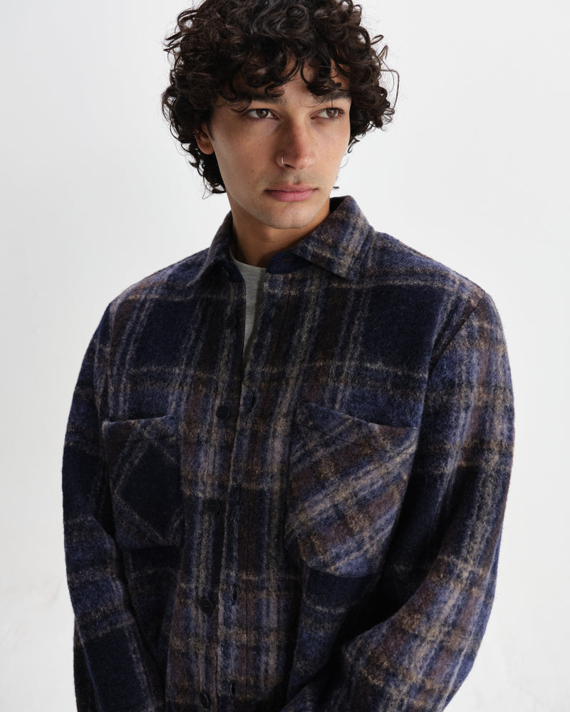 wax london men's Whiting - Navy Wool Blend Check Overshirt