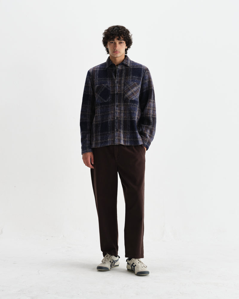 wax london men's Whiting - Navy Wool Blend Check Overshirt