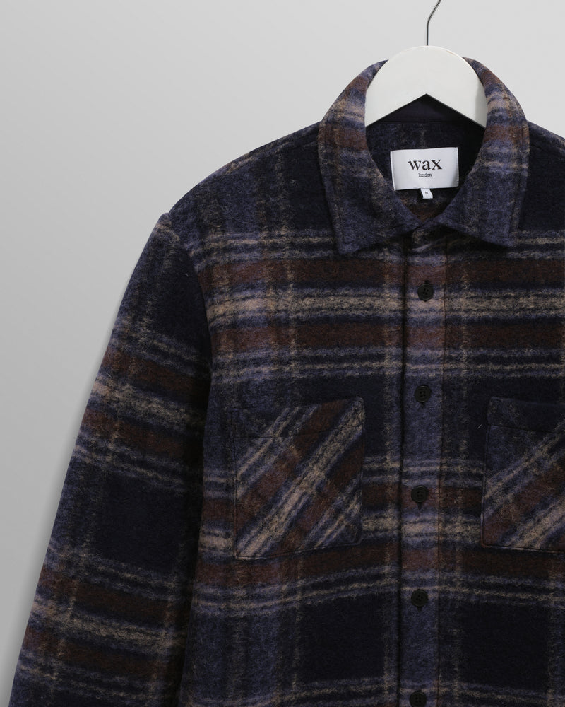 wax london men's Whiting - Navy Wool Blend Check Overshirt