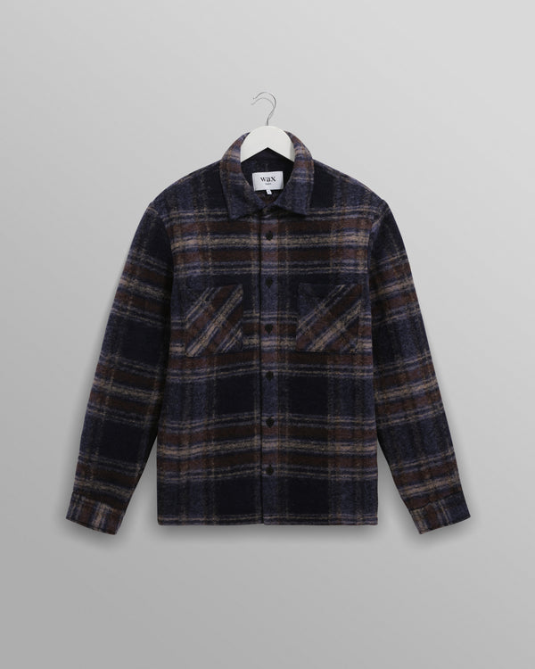 wax london men's Whiting - Navy Wool Blend Check Overshirt