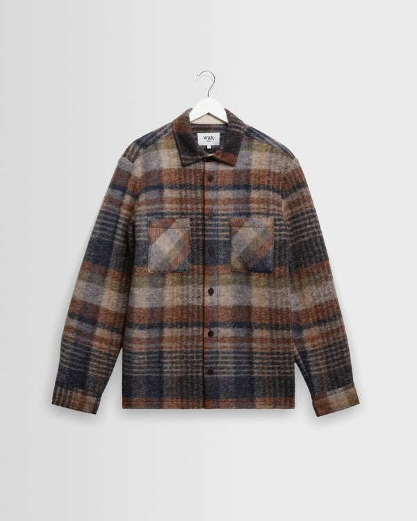 wax london men's Whiting - Oatmeal And Multicolour Check Wool Blend Overshirt
