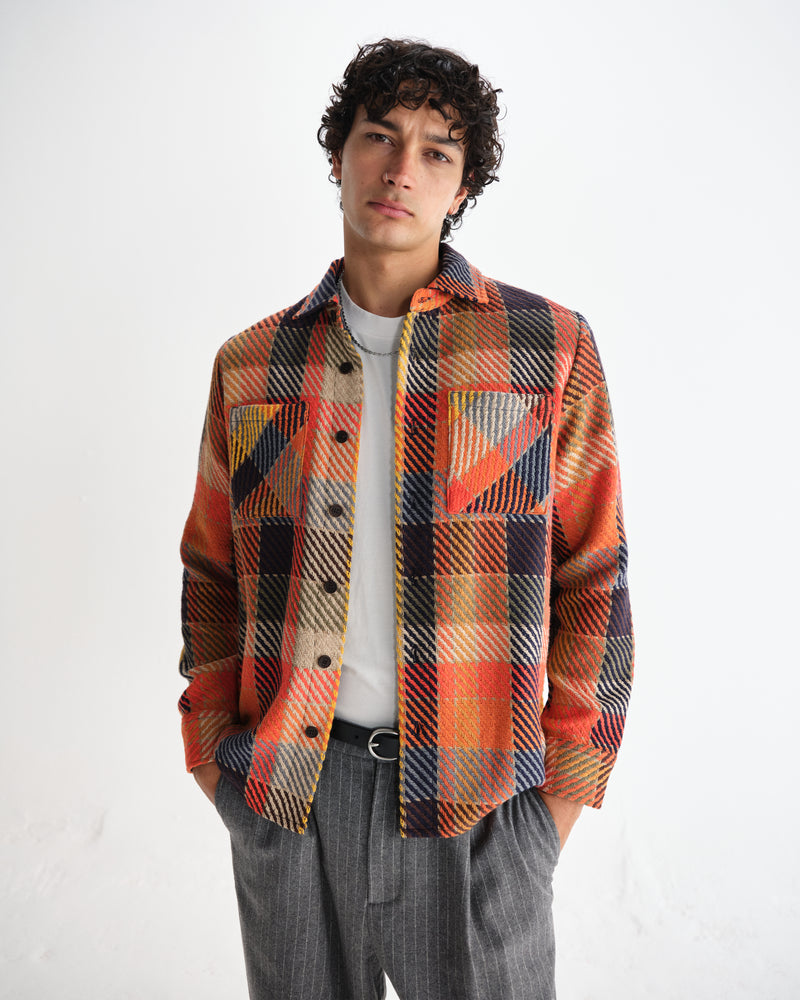 wax london men's Whiting - Orange Pike Check Overshirt