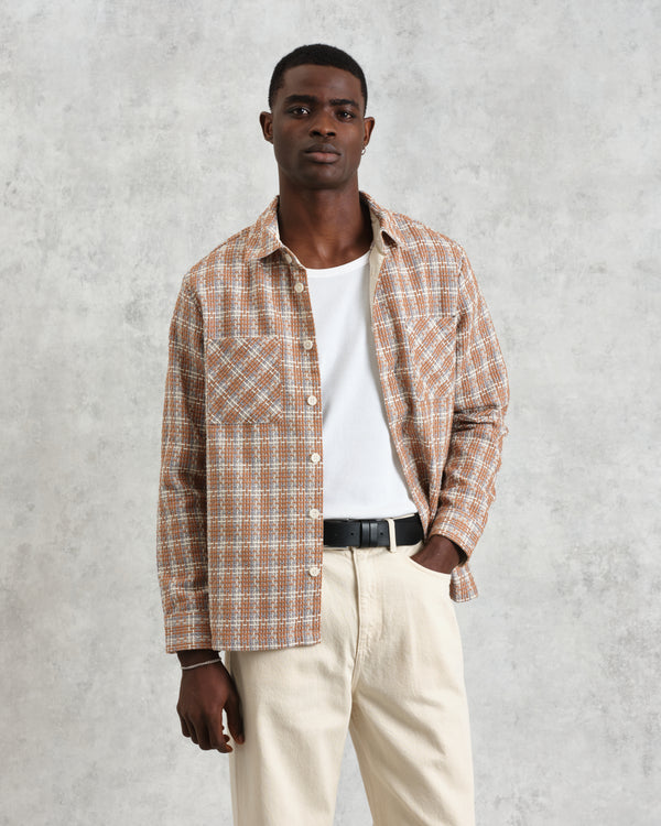 wax london men's Whiting - Tan And Multicolour Ladder Check Overshirt