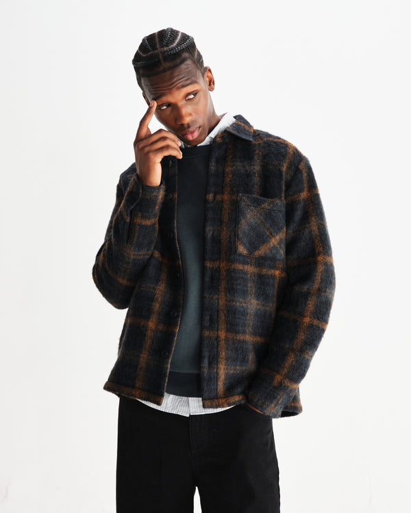 wax london men's Whiting - Teal And Orange Drawn Check Overshirt
