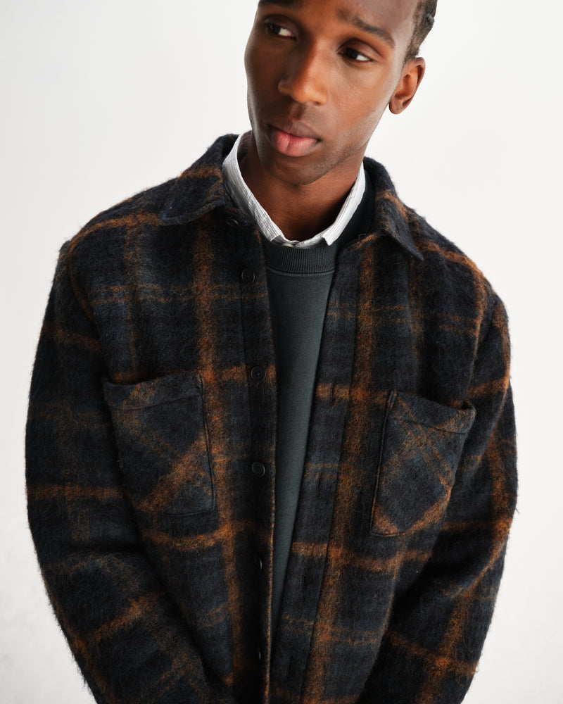 wax london men's Whiting - Teal And Orange Drawn Check Overshirt