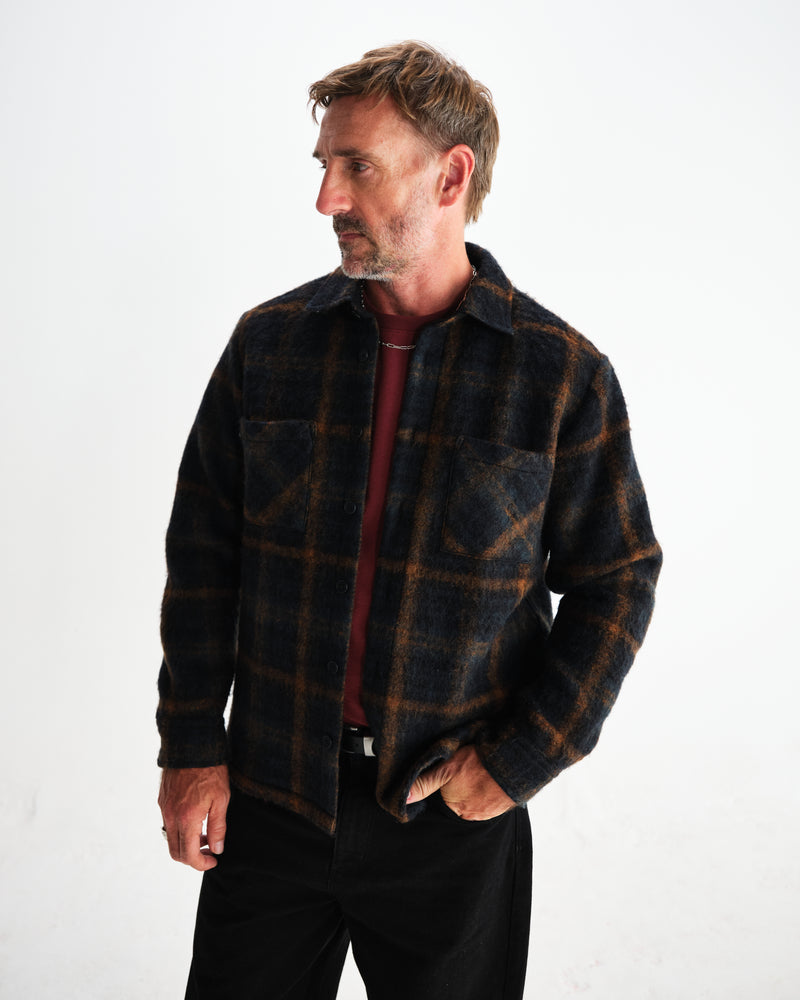 wax london men's Whiting - Teal And Orange Drawn Check Overshirt
