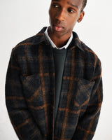 wax london men's Whiting - Teal And Orange Drawn Check Wool Overshirt