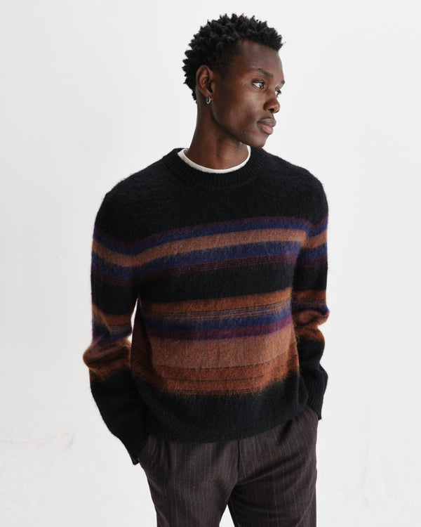 wax london men's Wilde - Black And Dark Multicolour Brush Stripe Wool Crewneck