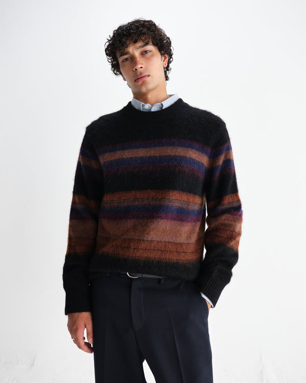 wax london men's Wilde - Black And Dark Multicolour Brush Stripe Wool Crewneck