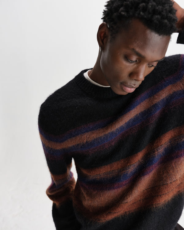 wax london men's Wilde - Black And Dark Multicolour Brush Stripe Wool Crewneck