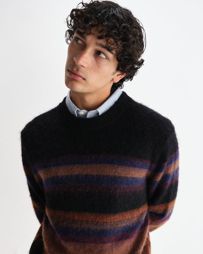 wax london men's Wilde - Black And Dark Multicolour Brush Stripe Wool Crewneck