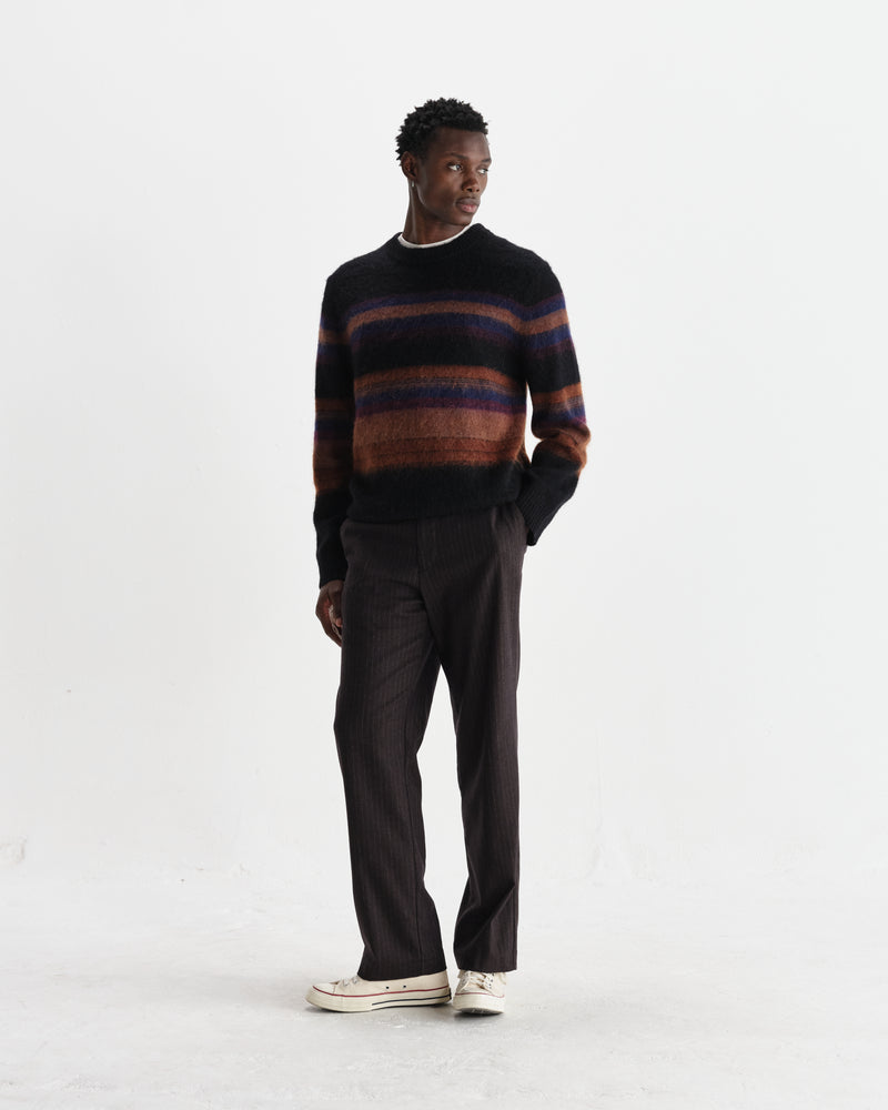 wax london men's Wilde - Black And Dark Multicolour Brush Stripe Wool Crewneck