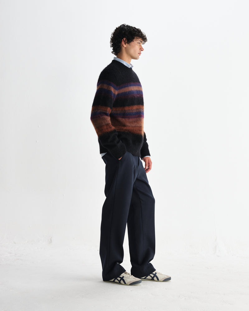 wax london men's Wilde - Black And Dark Multicolour Brush Stripe Wool Crewneck